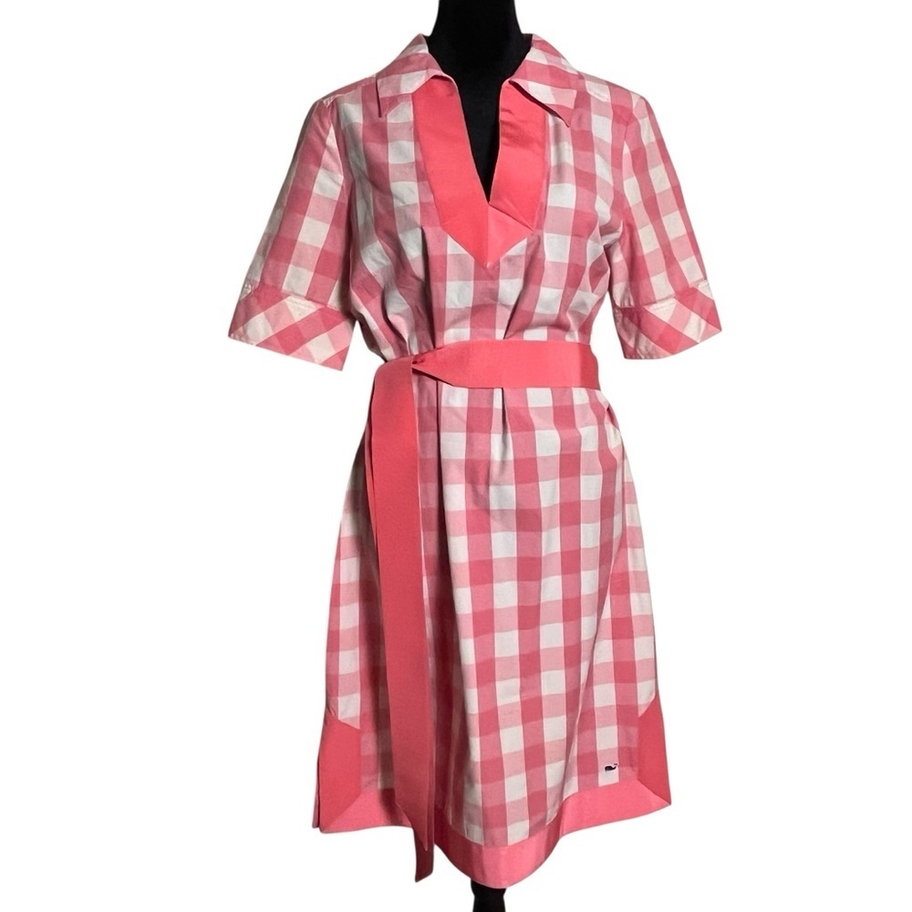 Vineyard Vines Pink White Gingham Grosgrain Ribbon Cotton Dress — Size 8 - Picture 1 of 11
